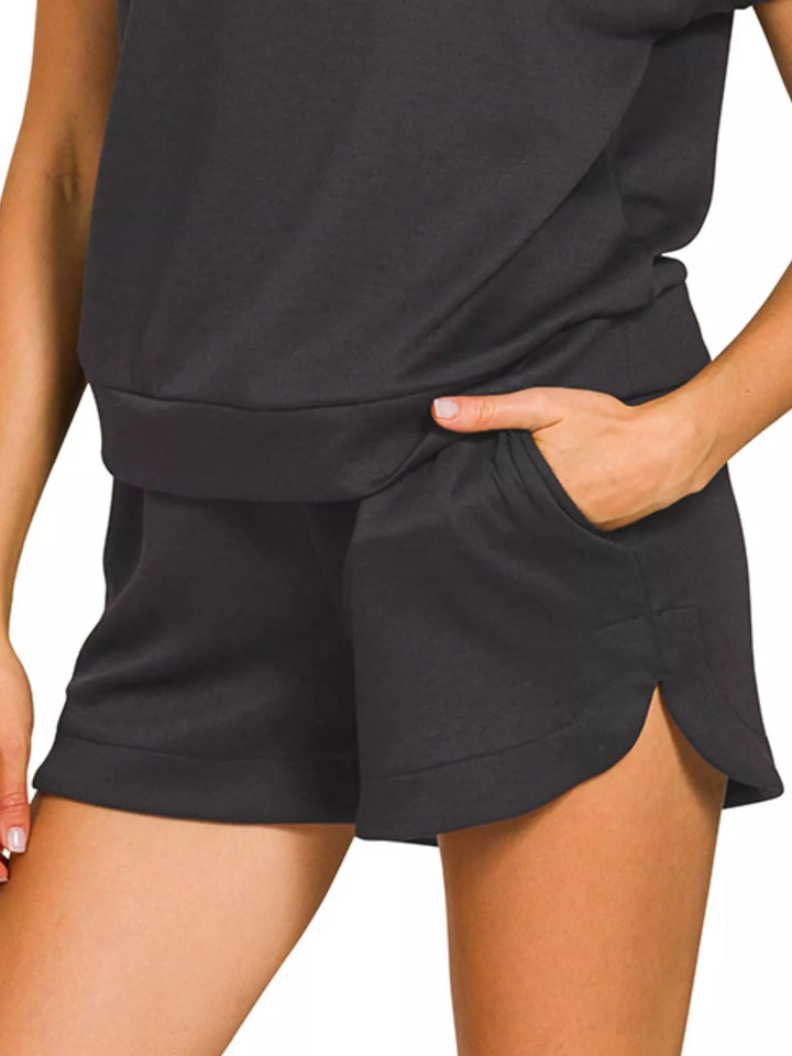 Black Zenana Scuba High Neck Half Zip Top And Dolphin Shorts Set