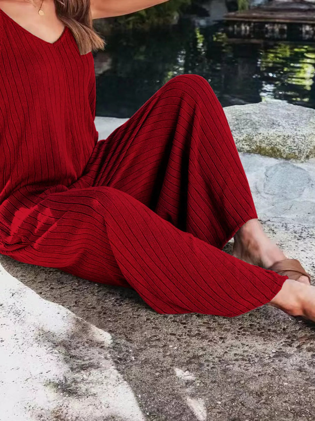 Deep Red Ribbed V Neck Wide Leg Jumpsuit