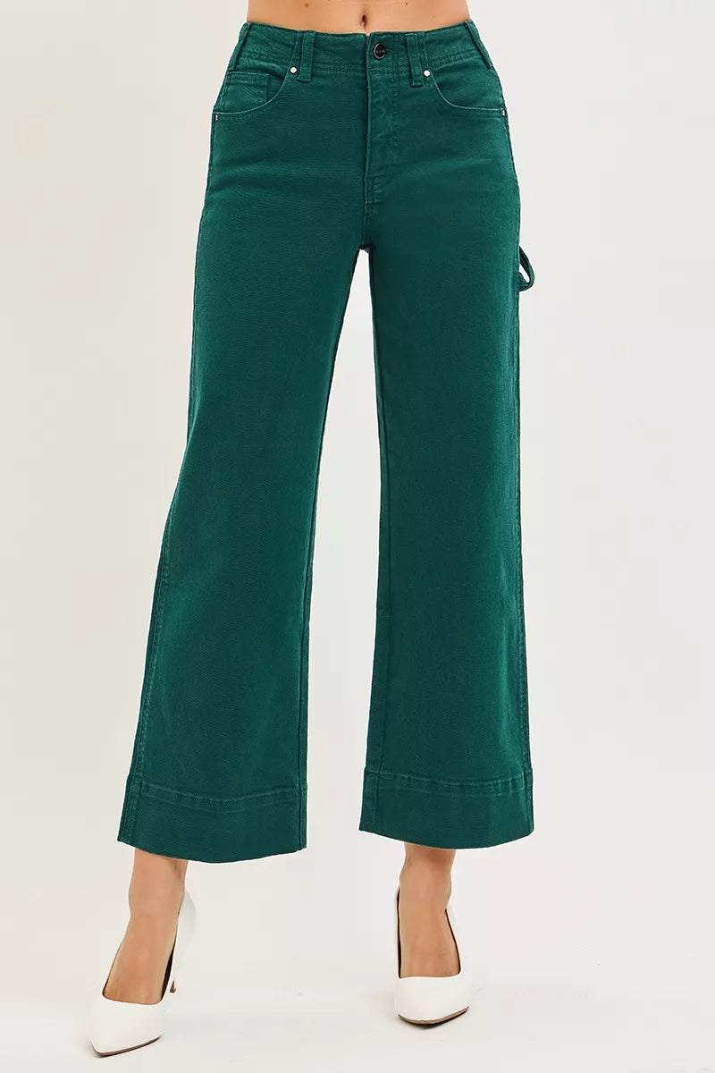 Hunter Green Risen Tummy Control High Rise Crop Wide No Waist Band Pants 1