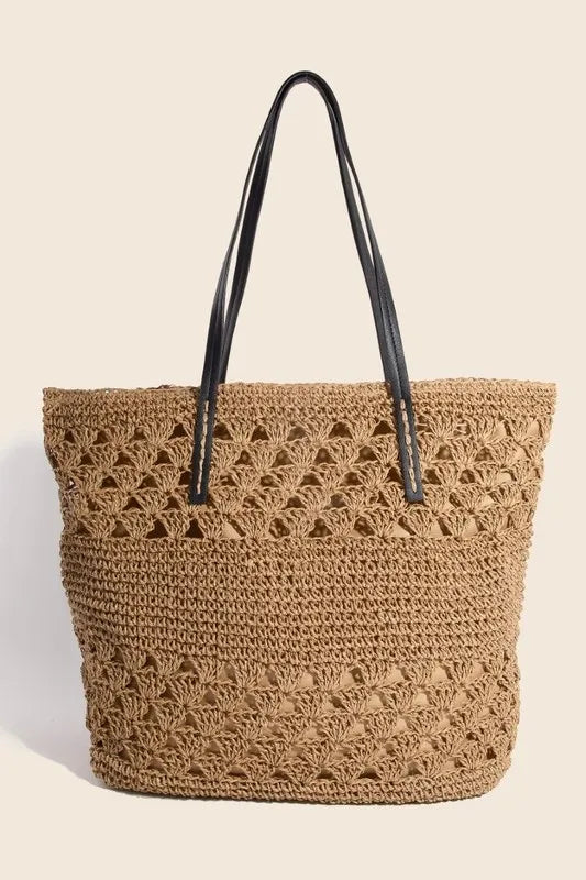 Mustard Fame Faux Leather Handle Knitted Tote Bag