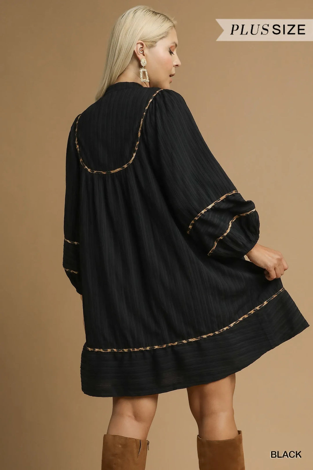 Umgee Full Size Textured Babydoll Dress With Leopard Trim Plus Size