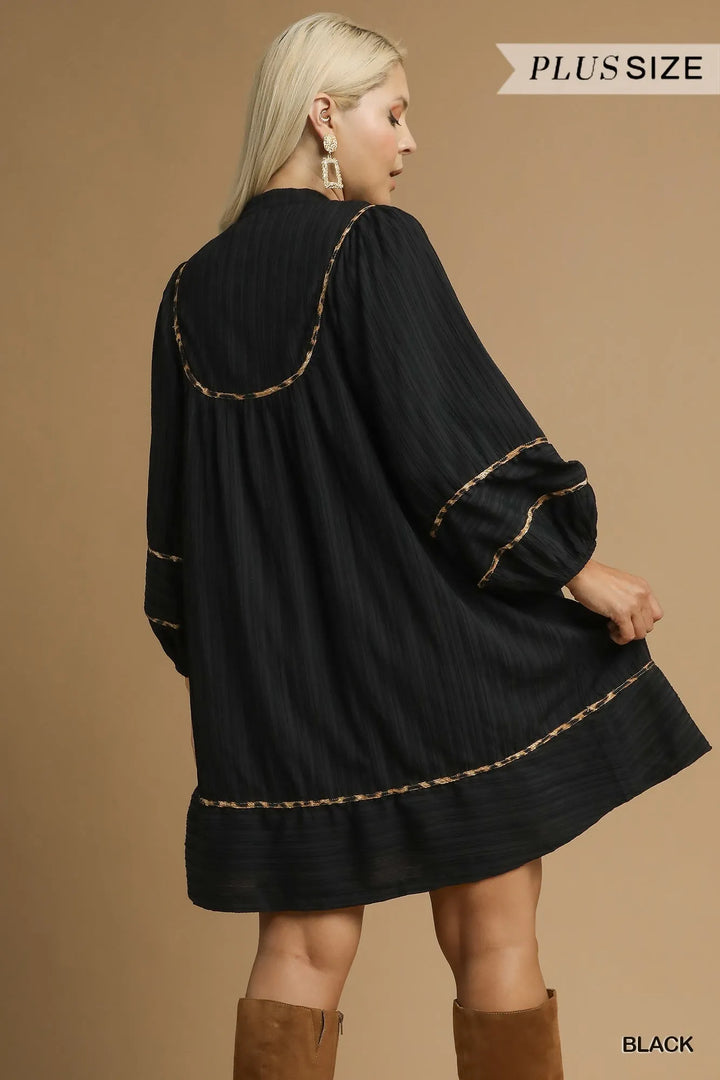 Umgee Full Size Textured Babydoll Dress With Leopard Trim Plus Size