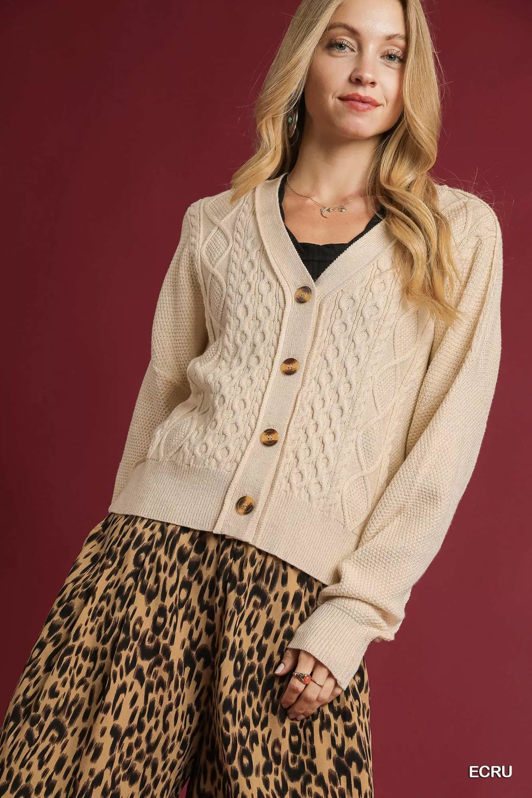 Ecru Umgee Chunky Cable Knit V Neck Button Up Cardigan 2