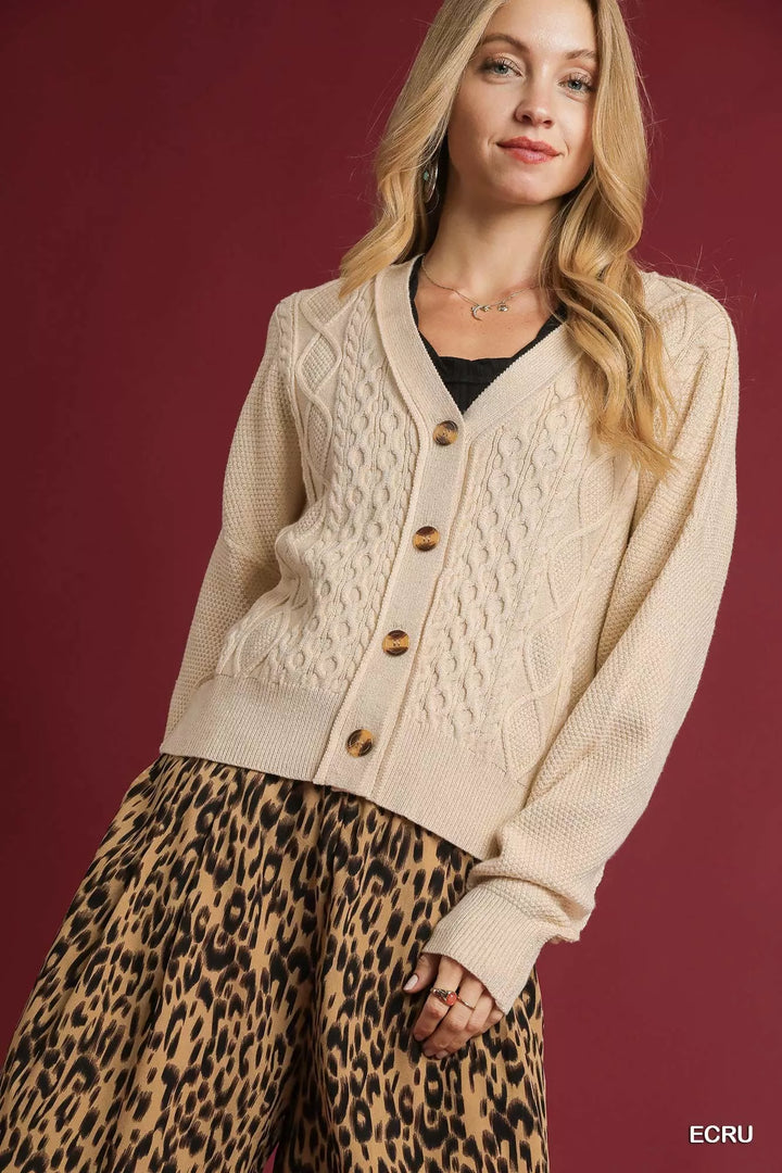 Ecru Umgee Chunky Cable Knit V Neck Button Up Cardigan 2