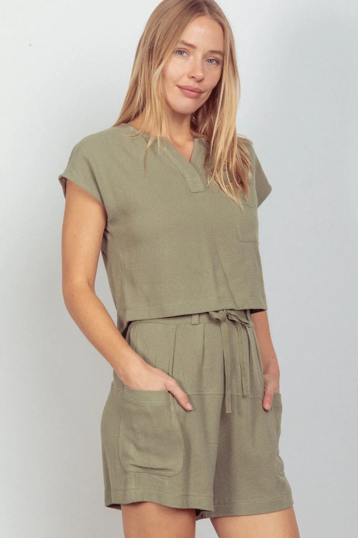 Sage Very J Woven Cropped Top Waist Tie Shorts Set