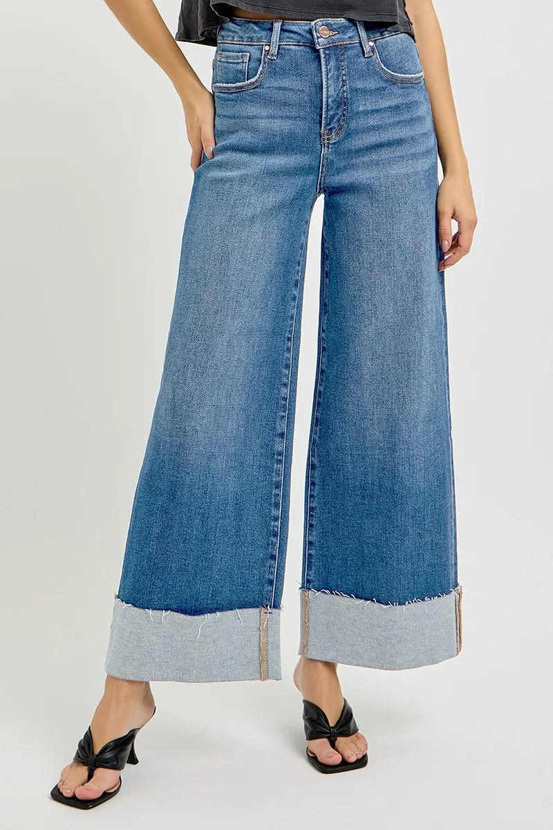 Medium Risen Full Size Tummy Control High Rise Crop Wide Cuffed Jeans Plus Size