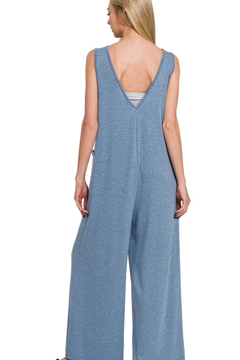 Dusty Blue Zenana French Terry Deep V Neck Jumpsuits 1