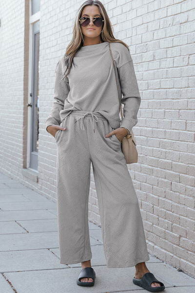 Black Double Take Full Size Textured Long Sleeve Top And Drawstring Pants Set