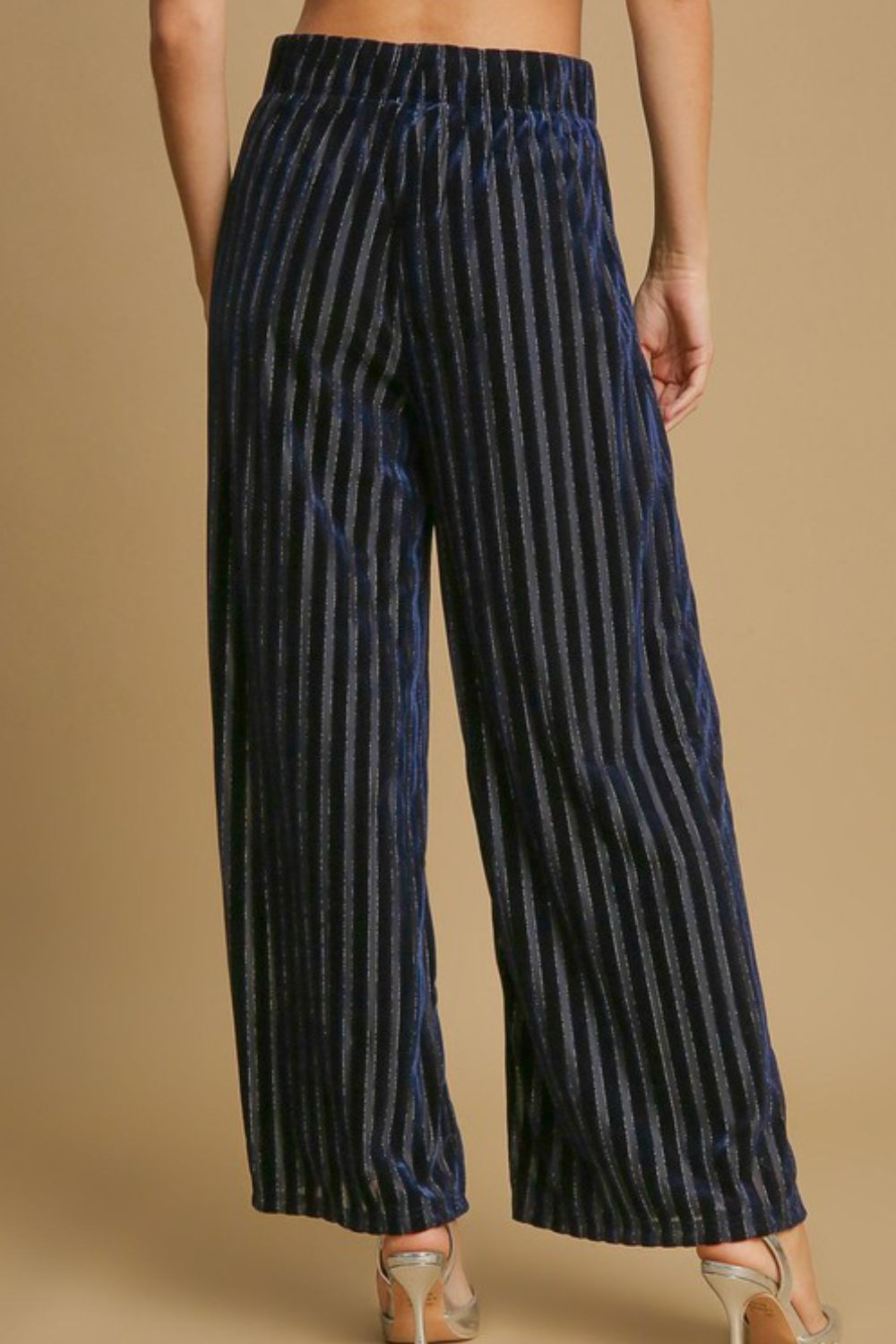 Navy Umgee Full Size Elastic Waist Striped Wide Leg Velvet Pants