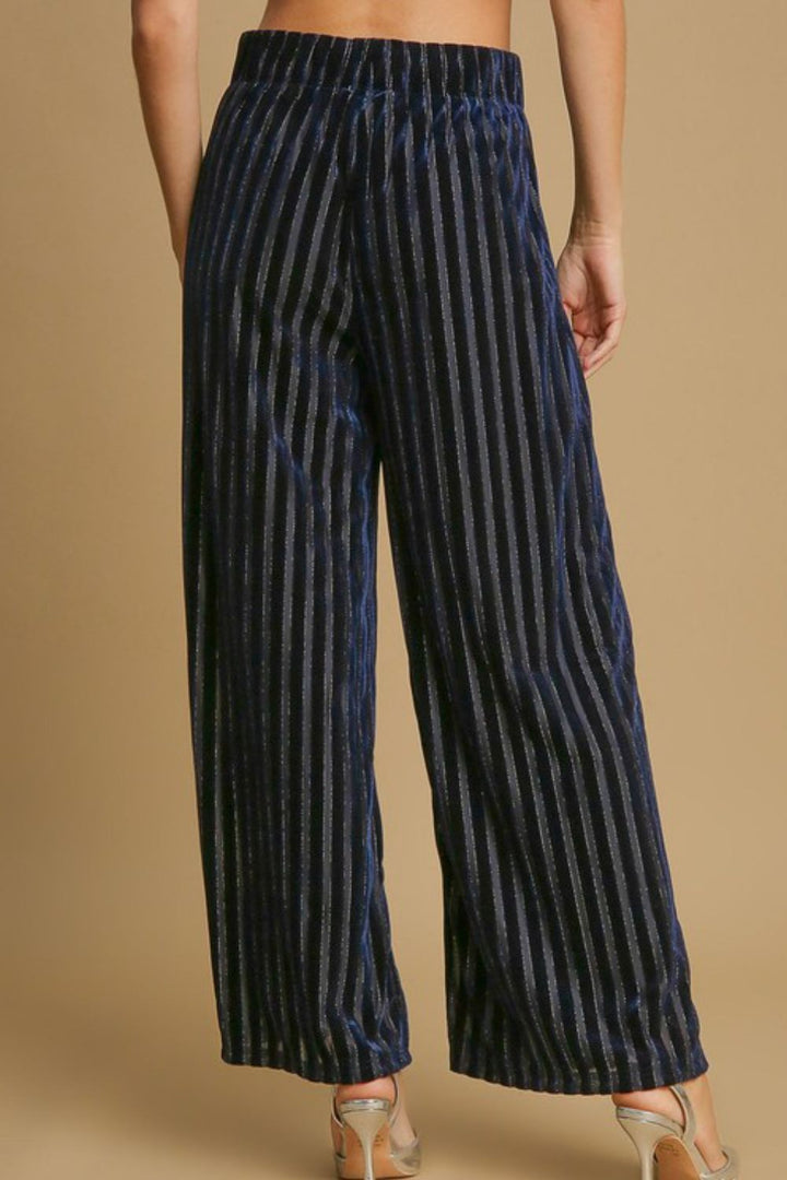 Navy Umgee Full Size Elastic Waist Striped Wide Leg Velvet Pants