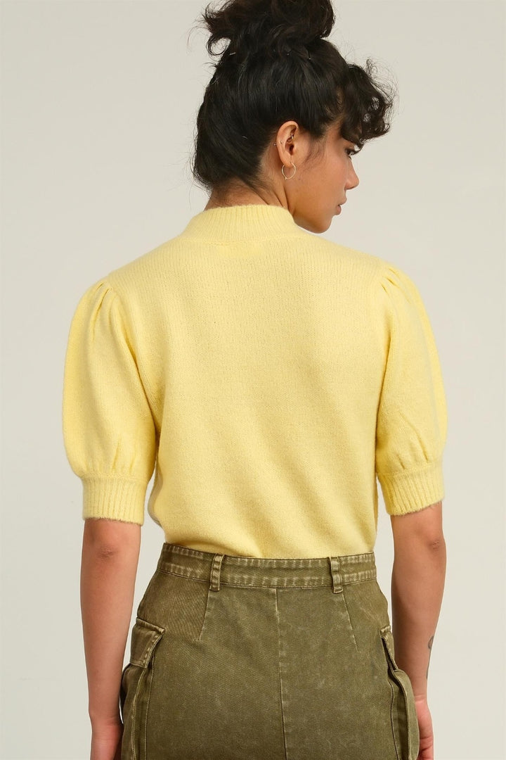 Creamy Yellow Hyfve Mock Neck Puff Sleeve Sweater