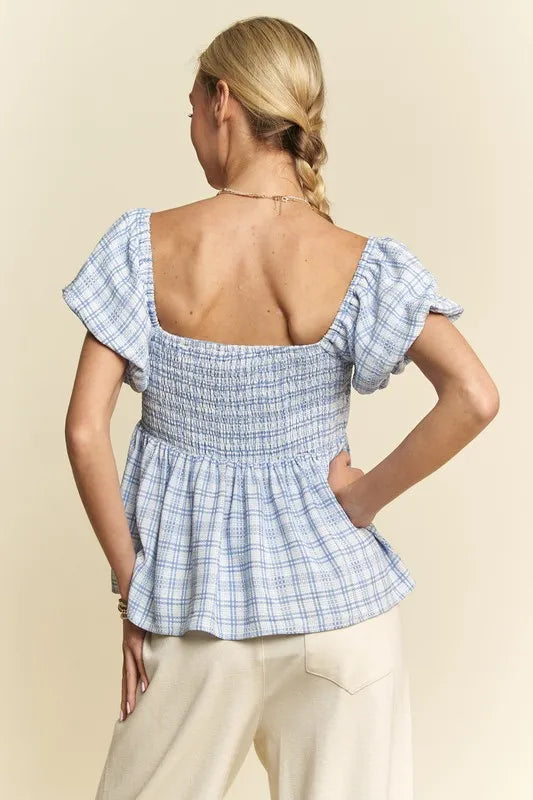 Davi Dani Plaid Puff Sleeves Ruffled Smocked Blouse