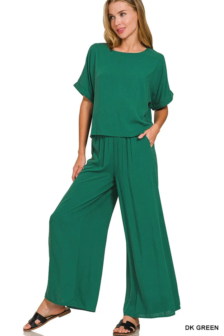 Zenana Round Neck T Shirt And Wide Leg Pants Set 4