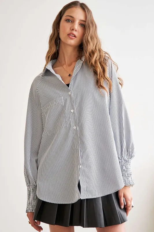 Adora High Low Striped Button Down Smocked Lantern Sleeve Shirt
