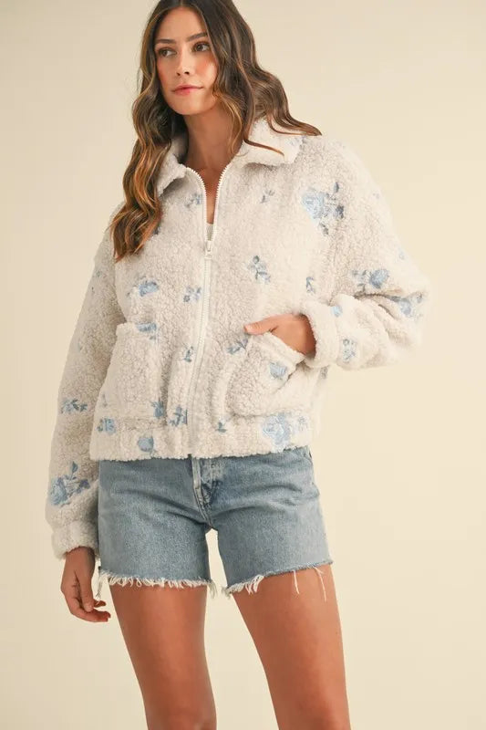 Cream Mable Floral Embroidered Fleece Teddy Jacket