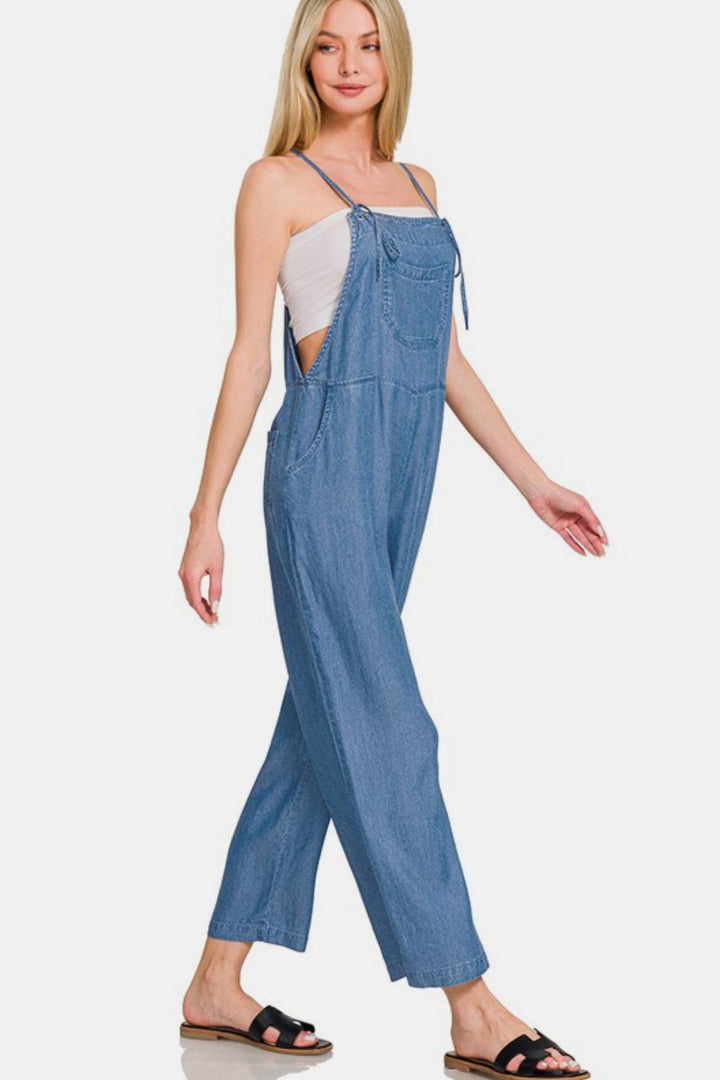 Dusty Blue Zenana Washed Adjustable Strap Wide Leg Denim Overalls