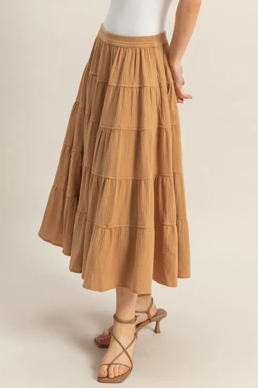 Camel Hyfve Double Gauze Tiered Midi Skirt With Pockets 2