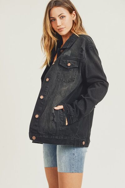 Black Risen Full Size Distressed Long Sleeve Denim Jacket