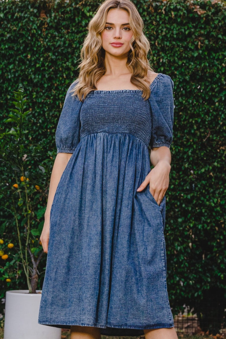 Washed Denim Oddi Full Size Washed Smocked Puff Sleeve Dress