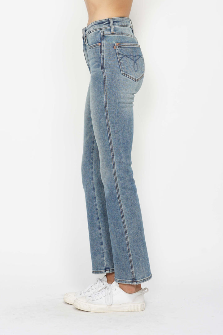 LONG INSEAM Judy Blue Full Size Tummy Control Back Embroidered Pocketed Bootcut Jeans Plus Size