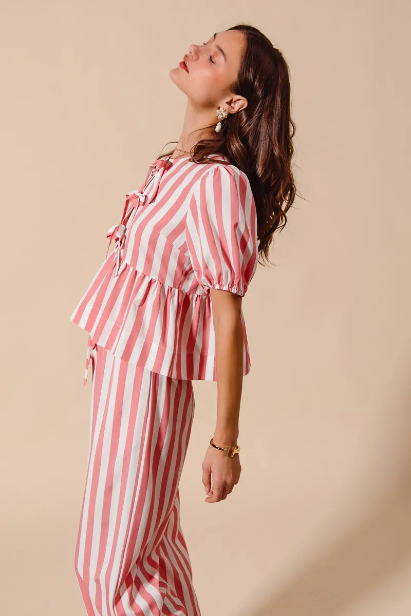 So Me Front Tie Stripe Top With Puff Sleeves And Wide Leg Pants Set