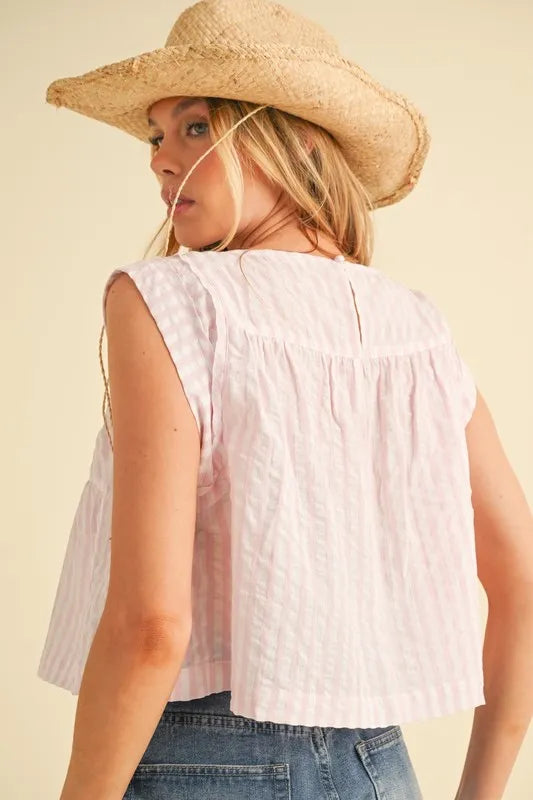 Pink Aemi Co Ruched Striped Round Neck Sleeveless Top 2