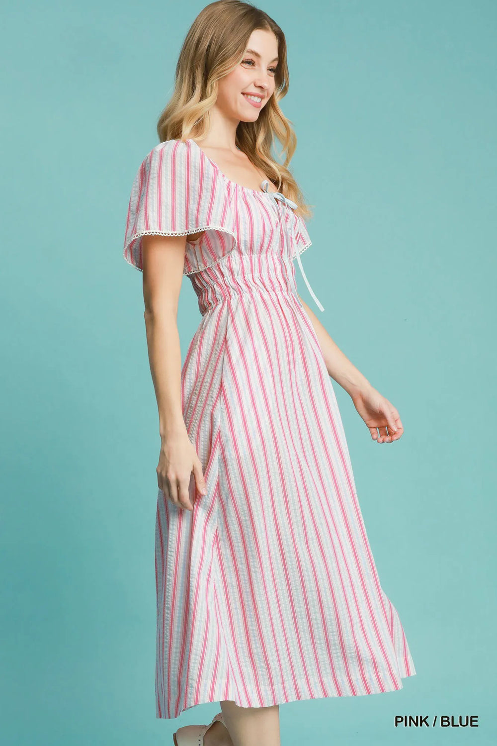 Pink / Blue Umgee Smocked Striped Short Sleeve Midi Dress