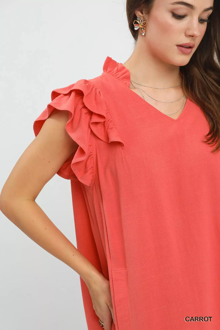 Umgee Linen Flutter Sleeve Shift Dress With Pockets 1