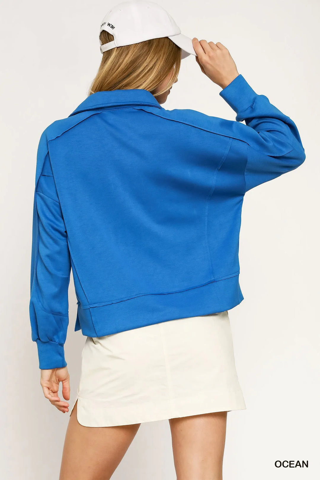 Ocean Umgee Collared Neck Long Sleeve Top With Raw Hem Detail 1