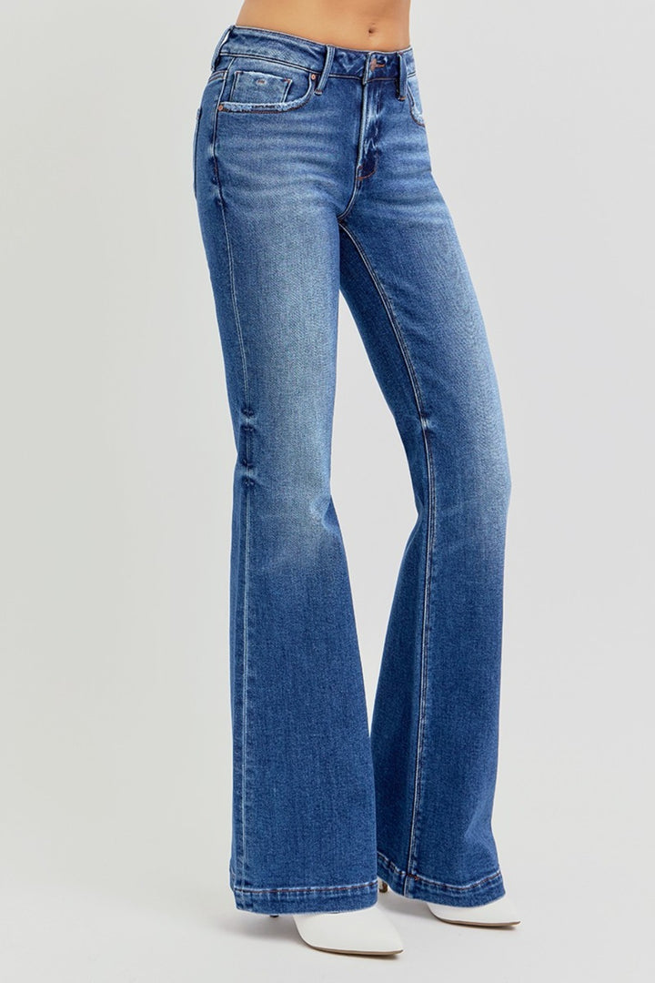 Dark Risen Full Size Low Rise Flare Jeans With Pockets