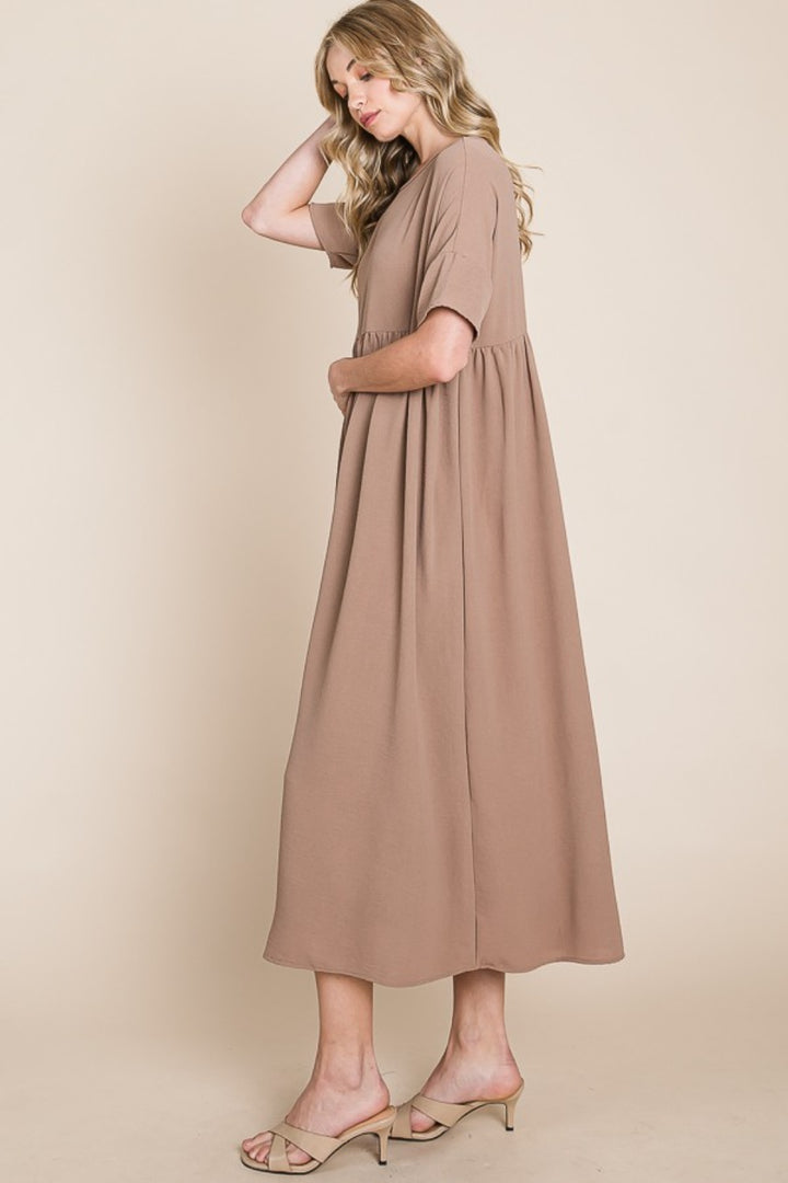 Mocha Bombom Round Neck Ruched Midi Dress