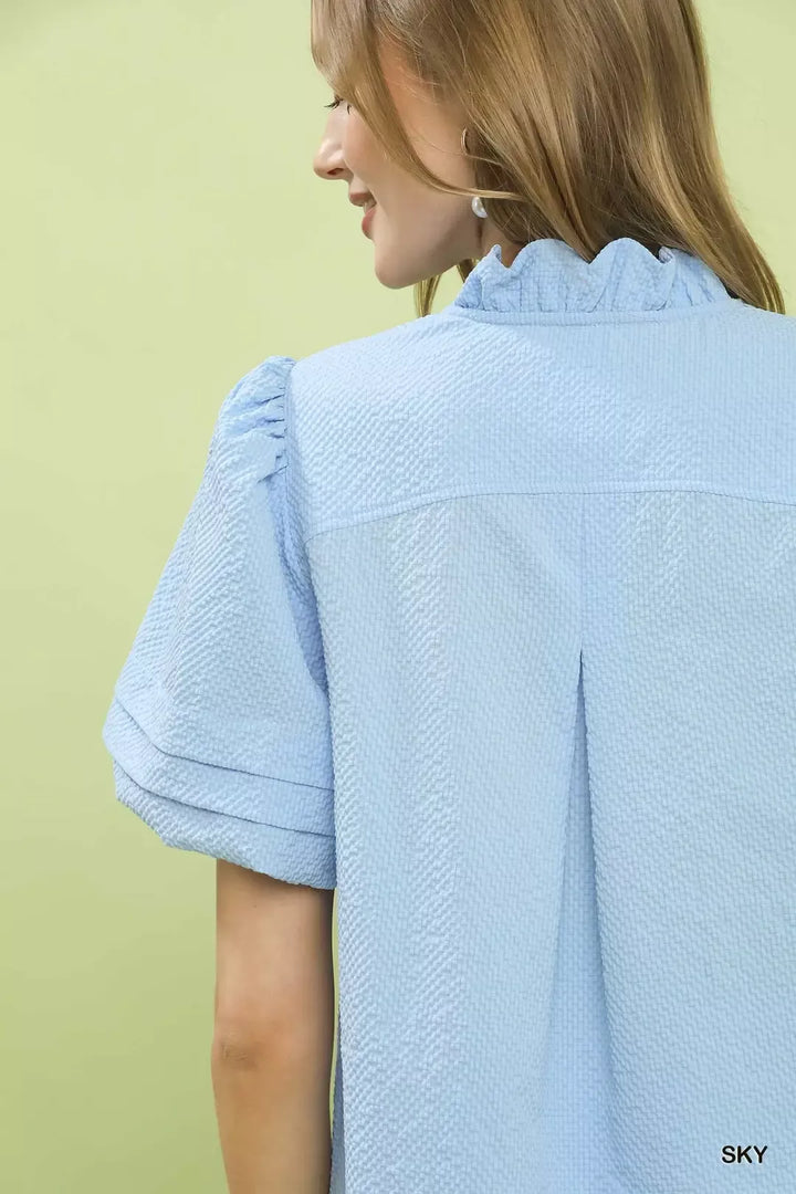 Umgee Textured Scallop Trim Puff Sleeve Blouse 1