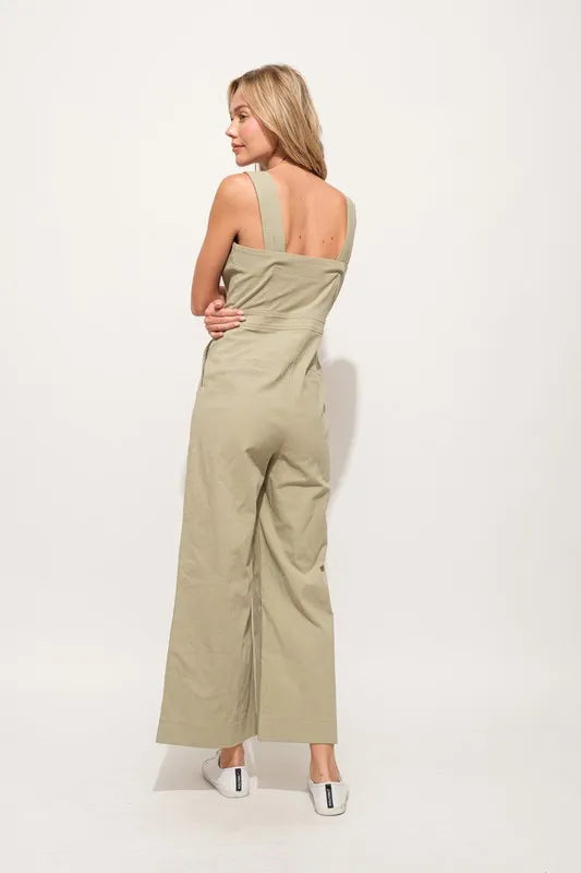 Sage And The Why Square Neck Button Down Cropped Wide Leg Jumpsuit