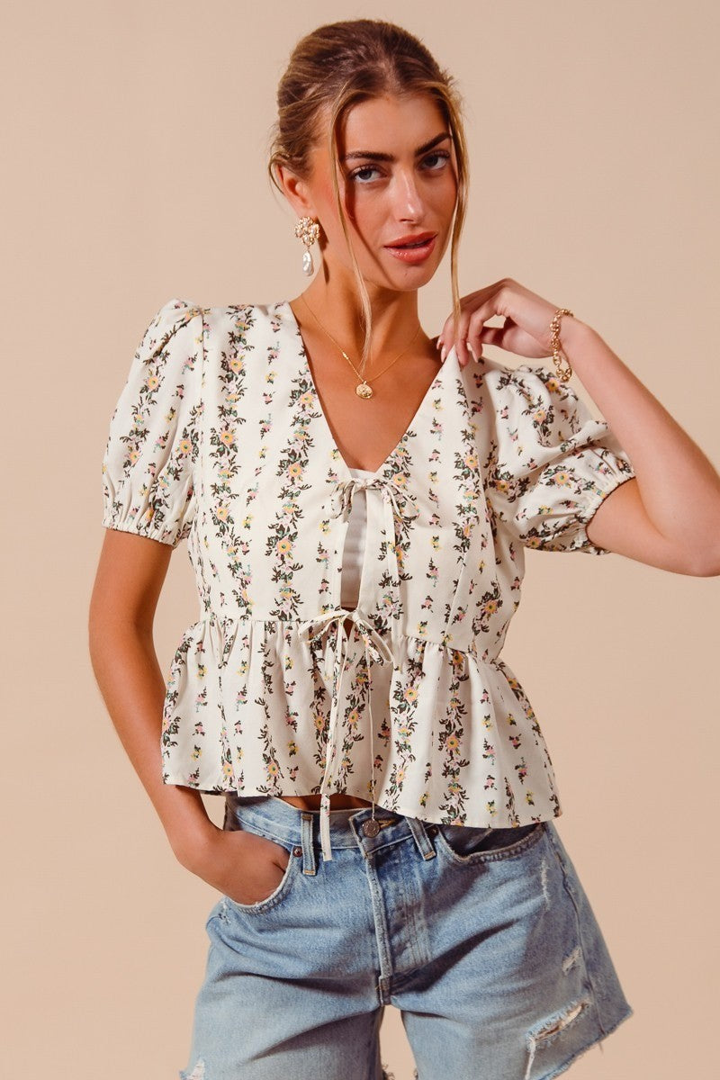 Ivory So Me Floral Print Tie Front Shirred Hem Blouse