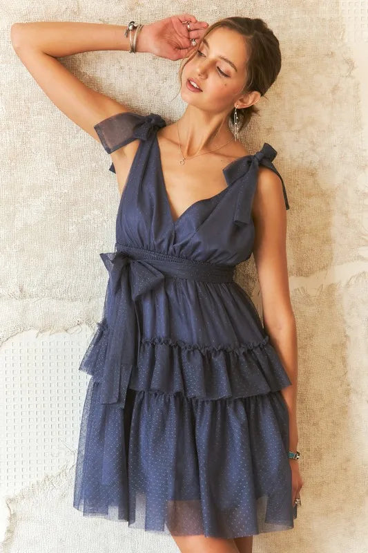 Adora Tie Shoulder Polka Dot Mesh Dress