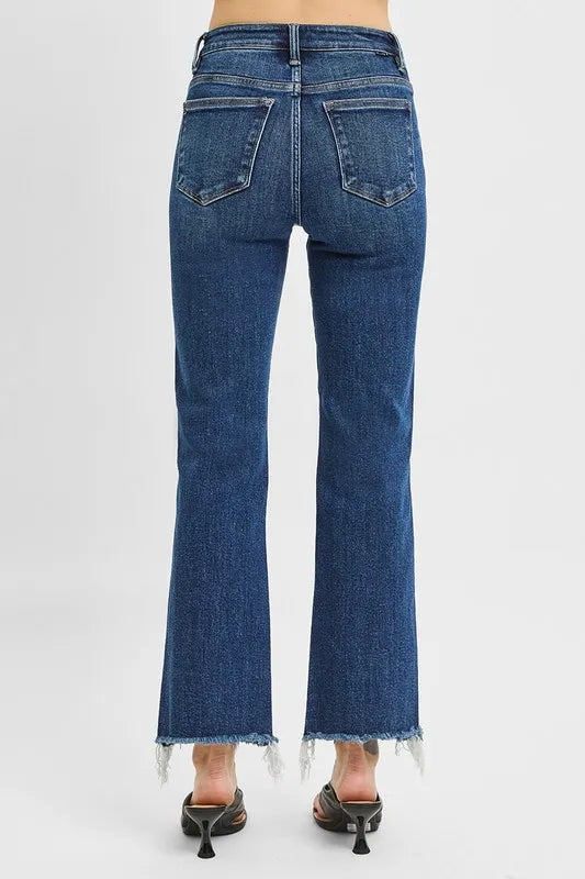 Dark Risen Tummy Control High Rise Crop Straight Raw Cut Hem Jeans