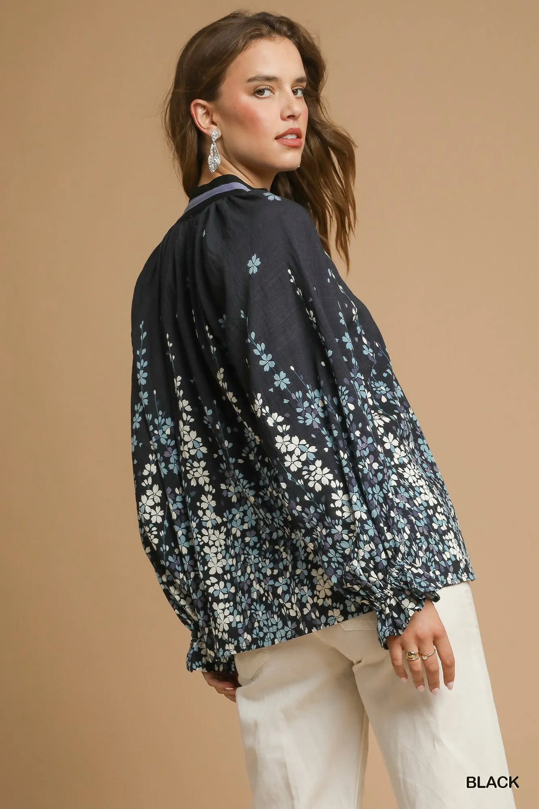 Black Umgee Full Size Floral Vine Print Blouse With Balloon Sleeves Plus Size