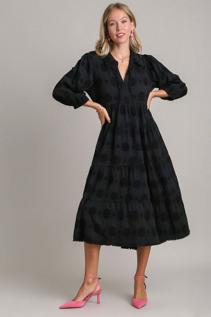 Black Umgee Full Size Solid Dotted Jacquard Midi Dress Plus Size