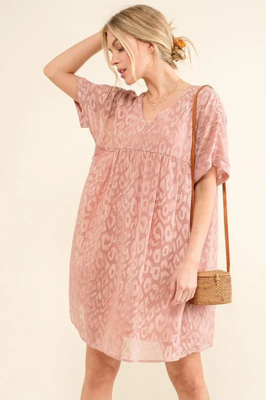 And The Why Woven Leopard Baby Doll Roll Sleeve Casual Dress