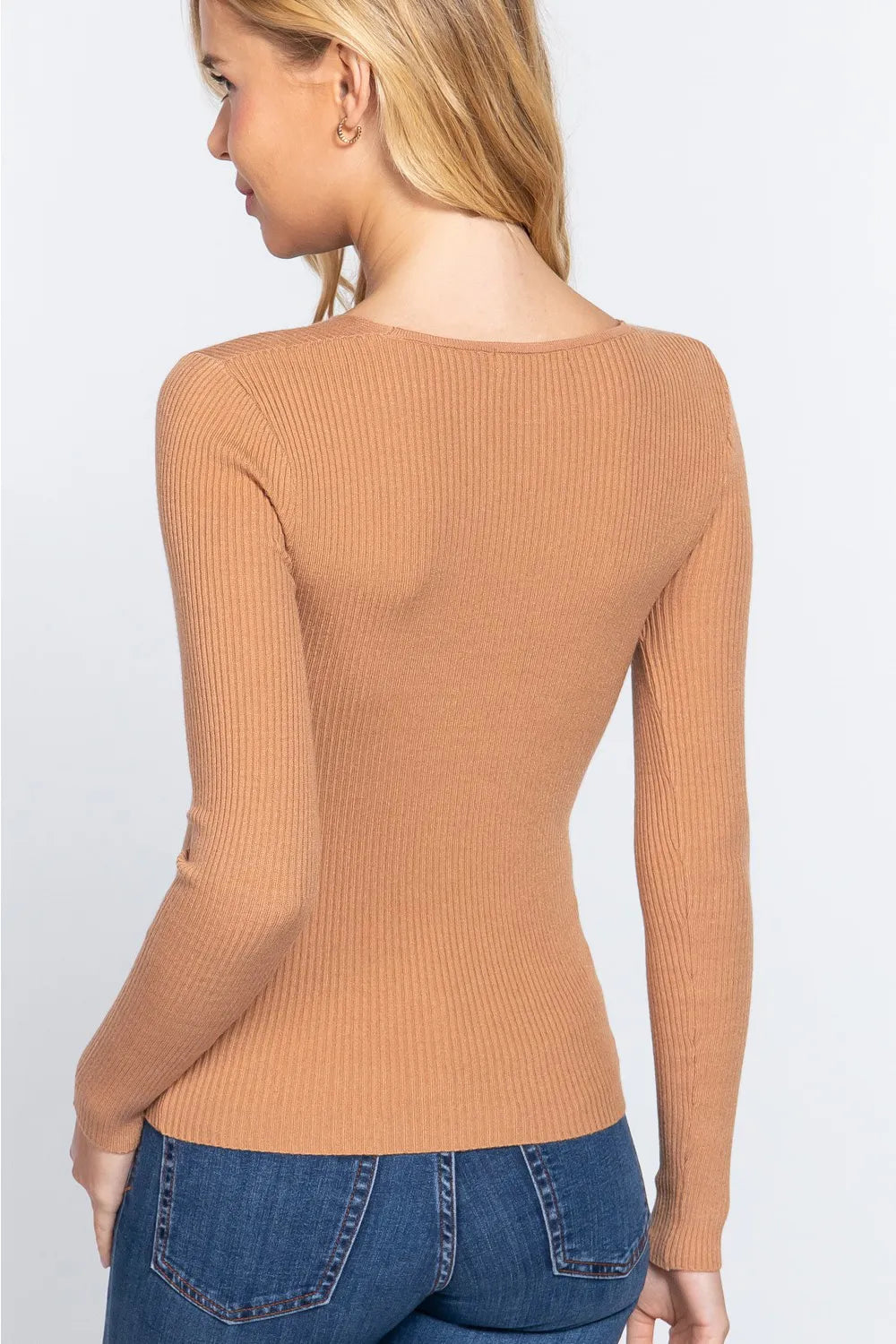 Khaki Active Basic V Neck Fitted Viscose Rib Knit Top