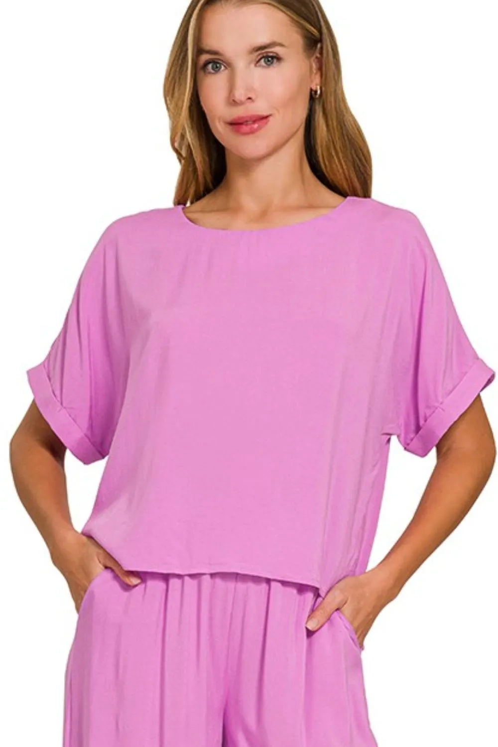 Bright Mauve Zenana Round Neck T Shirt And Wide Leg Pants Set 3