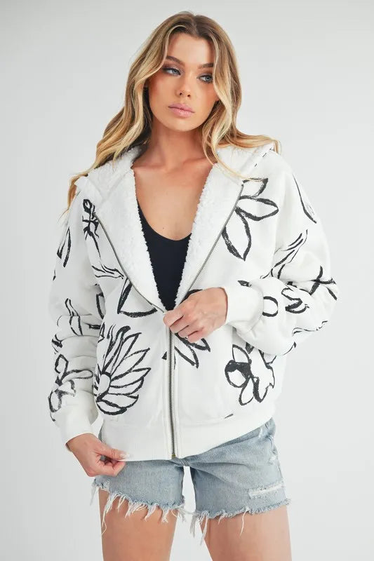 Ivory Aemi Co Flower Print Zip Up Sherpa Hoodie 1