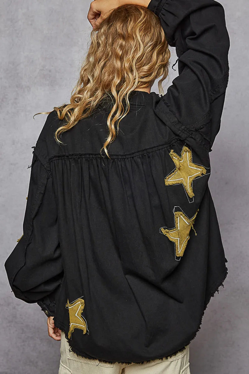 Black Pol Star Patch Raw Hem Button Up Denim Jacket