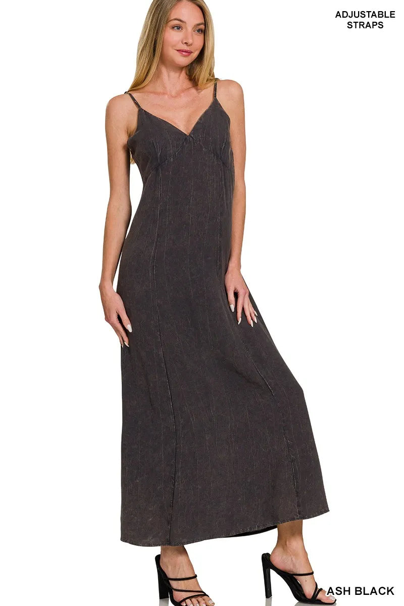 Ash Black Zenana Mineral Washed Rayon Challis Cami Dress