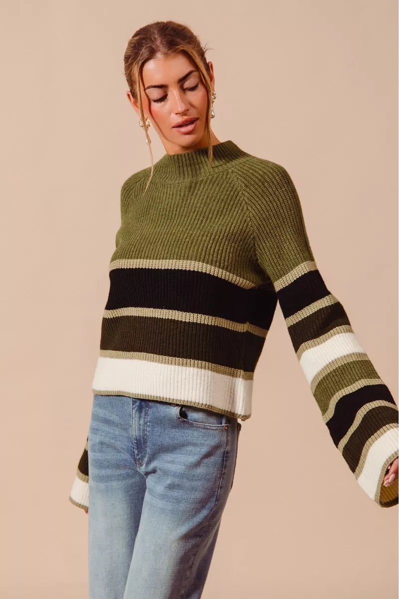 Olive Combo So Me Multi Color Striped Mock Neck Sweater