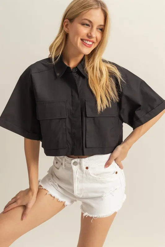 Black Hyfve Front Pockets Poplin Collared Neck Crop Shirt