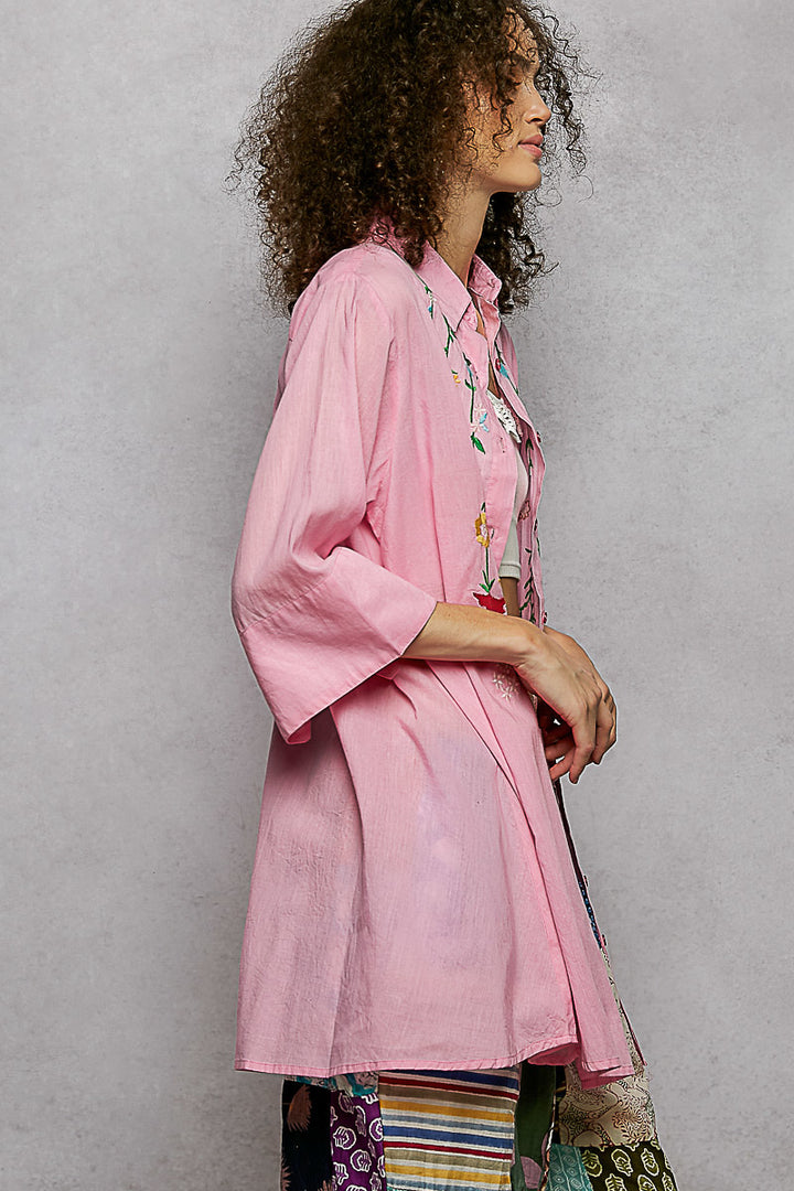 Pink Pol Floral Embroidered Half Sleeve Cotton Shirt