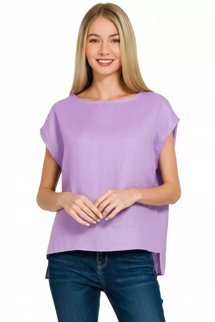 Lavender Zenana Linen Round Neck Cap Sleeve Top 1