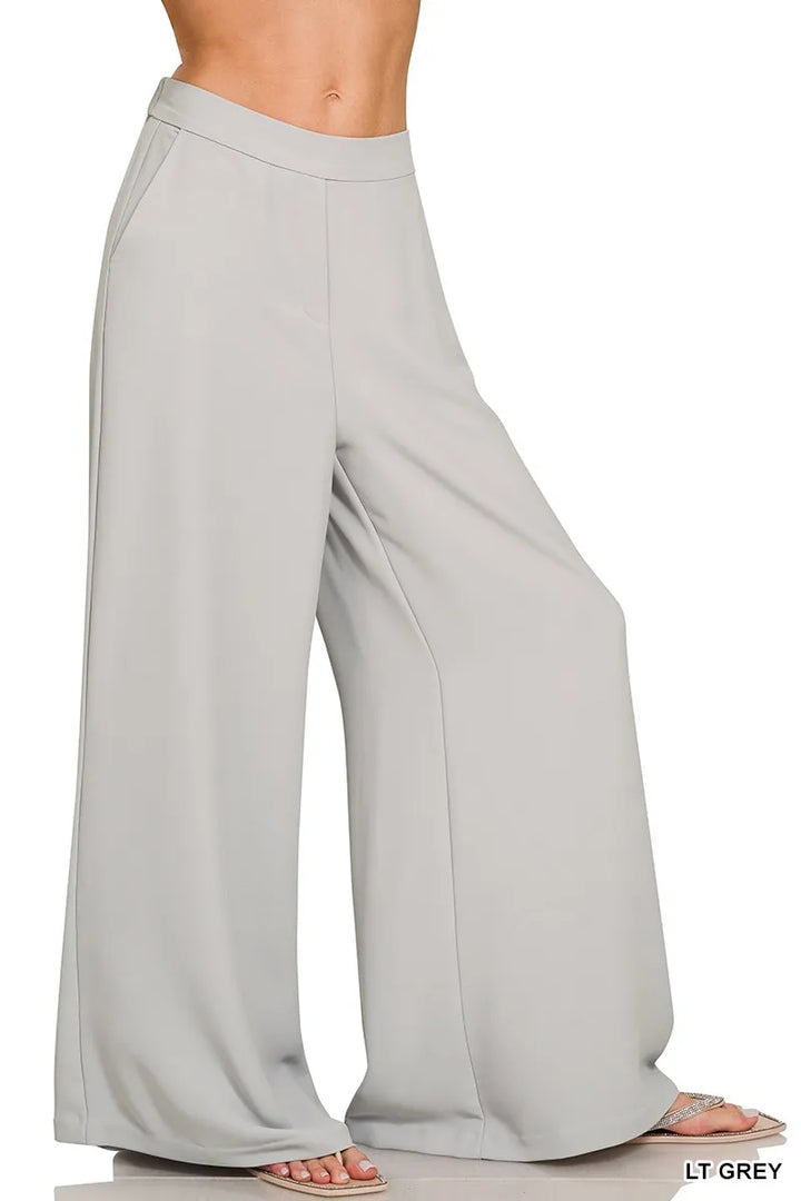 Lt Grey Zenana Relaxed Fit Elastic Waisted Wide Leg Pants