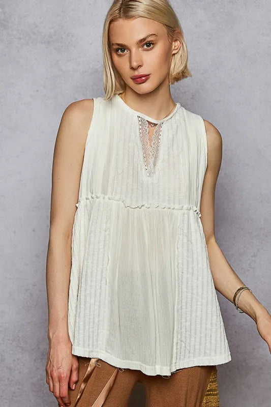 White Pol Lace Trim Round Neck Tank With Pintuck Detail